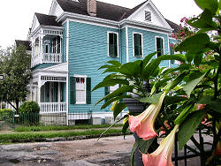 flowers in front of big blue house