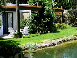 pond and landscaping behind hotel room